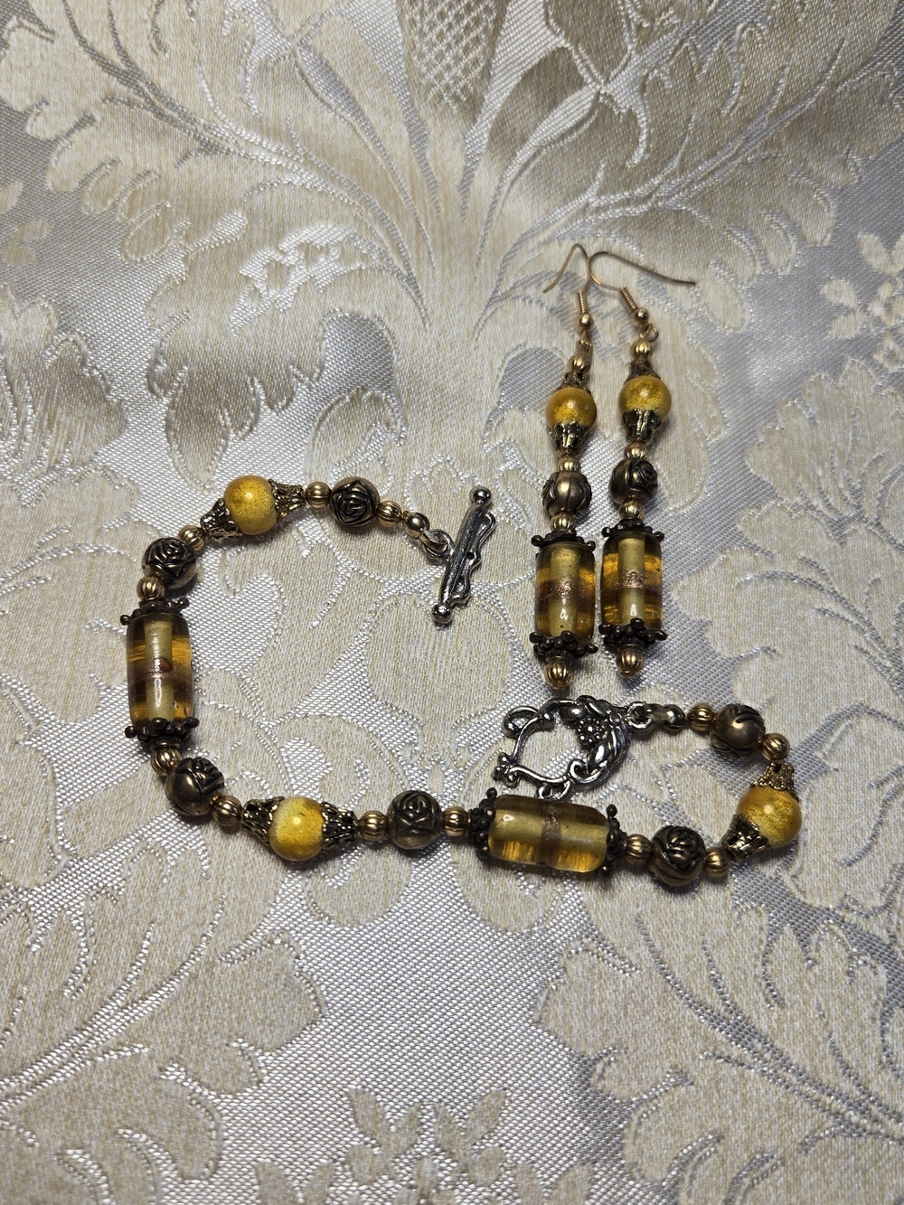Yellow Glass Bead Bracelet and Earrings Set